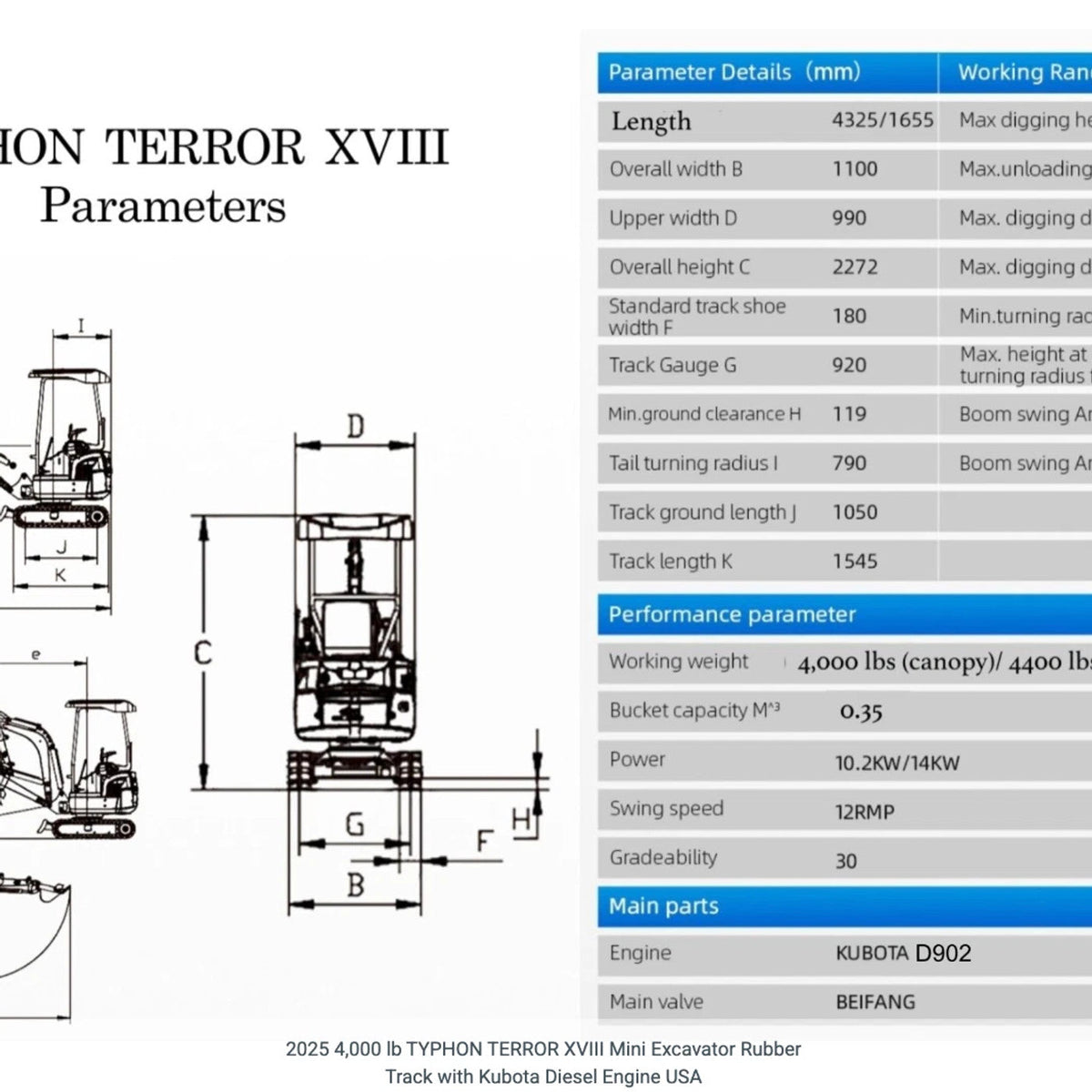 2 Ton New TERROR XVIII Mini Excavator, Kubota D902 Diesel Engine